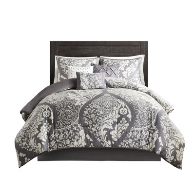 7 Piece Grey Comforter - King With Solid Reverse Cotton Printed Intricate Design Filling
