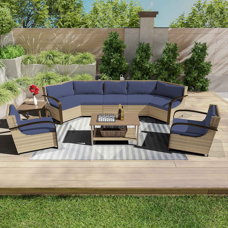 7-Person Sectional Seating Group with Cushions, Blue