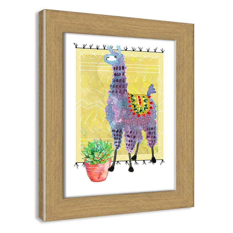 « jolie llama ii », art sur toile, H 12 po x l 10 po x P 0,625 po, Cadre en chêne