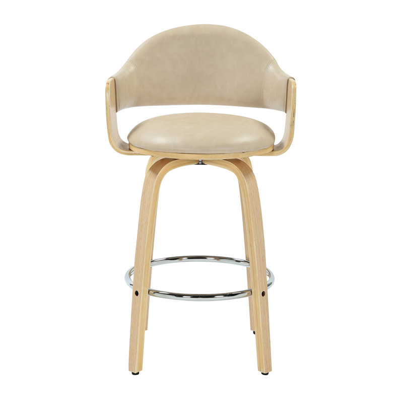 Daxton Mid-Century Swivel Bar & Counter Stool With Curved Back, Upholstered Seat, And Wood Frame, Vanilla Mist, Latte, 67.1cm