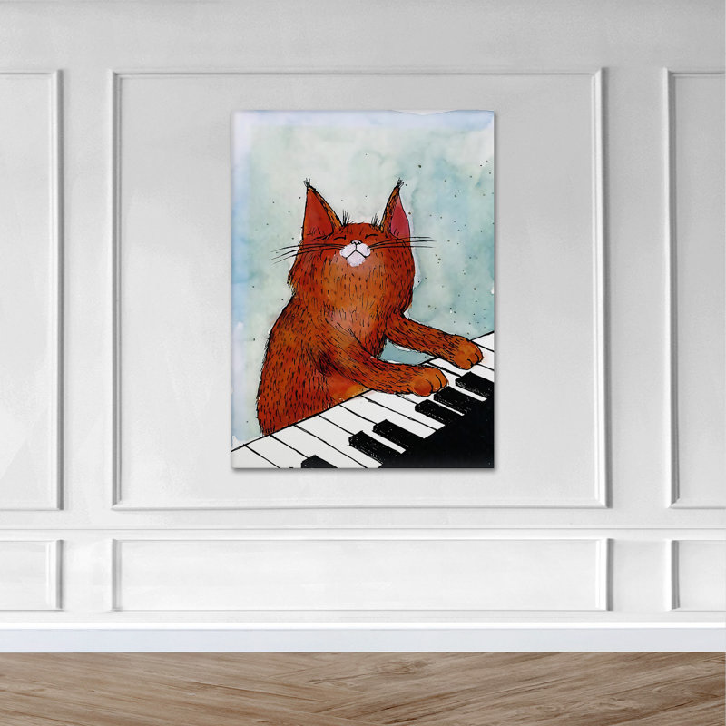 Ginger Cat jouant du piano, peinture sur toile tendue, H 36 po x l 24 po x P 2 po