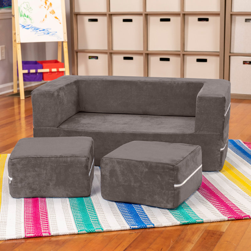 Altermease Zipline Modular Kids Loveseat & Ottomans/Fold Out Lounger, Charcoal