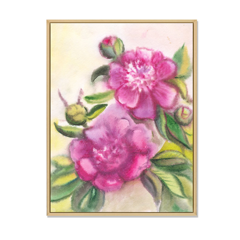 Violet Blossoming Peonies " Violet Blossoming Peonies " Painting Print, 20" H x 12" W x 1.5" D, Brown Floater Framed Canvas