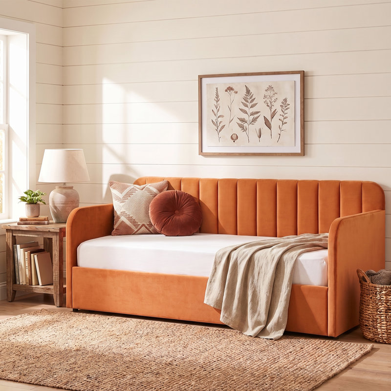 Lit de jour rembourré capitonné avec rangement pour lit de piano, velours orange, Orange