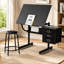 Table à dessin réglable noire avec 3 tiroirs, bureau en MDF inclinable, structure en métal et tabouret