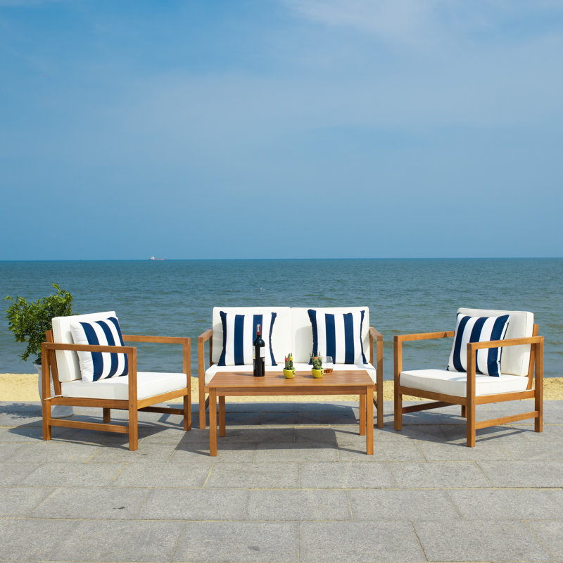 Nidhi Eucalyptus 4 - Person Patio Conversation Set with Cushions, Natural Frame/Beige Cushion