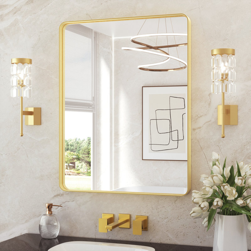 Miroir de salle de bain plombier en aluminium incassable et résistant à la rouille , Or brossé, 28 po x 36 po, Rectangulaire