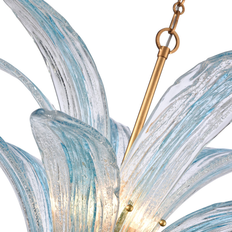 Luminaire suspendu 32,25 po Fiore en feuille d'or antique avec verre bleu des Caraïbes texturé