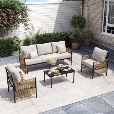 Outdoor Patio Furniture Set, 4 Piece Patio Conversation Sets with Coffee Table, HDPE Rope & Aluminum Armrests, Outdoor Conversation Sets with Thick Cushions for Deck, Backyard, Indigo Ink