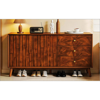 Meuble télé Mid-Century moderne avec rangement spacieux, 3 tiroirs et 2 portes, parfait pour le salon et la salle à manger, brun noyer