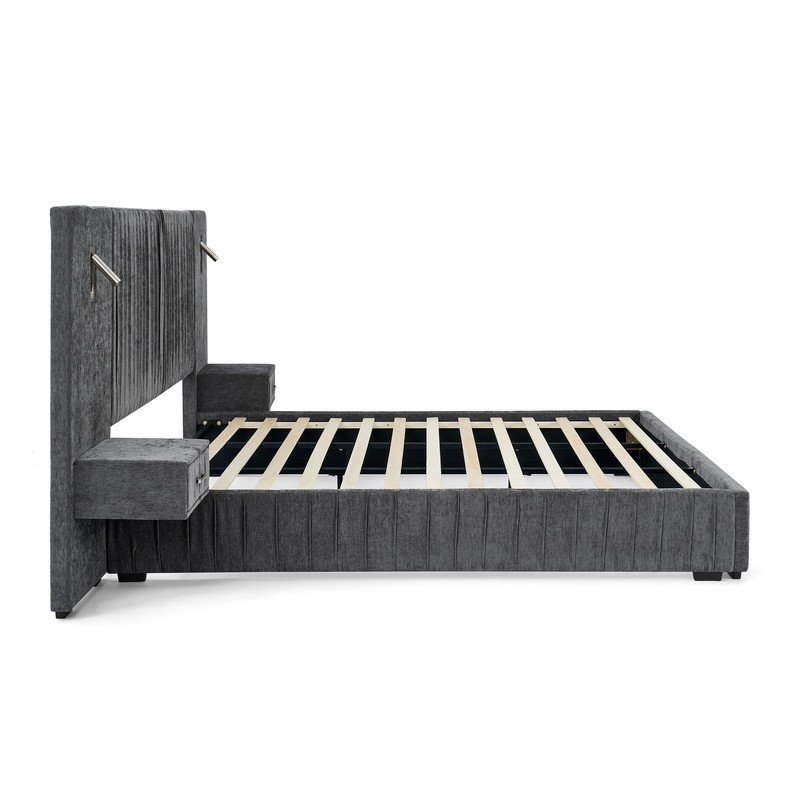 King Size Upholstered Platform Bed with Integrated Nightstands,Adjustable Reading Lights, Dark Gray