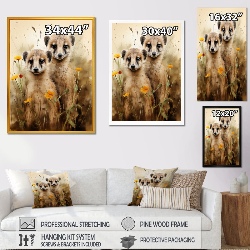 «Otters Meadow Blooms Playtime - Marine Art», art mural, Cadre simple noir, H 20 po x l 12 po x P 1 po