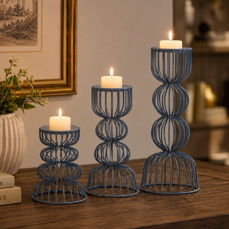 Handcrafted Lainon Metal Grey Tabletop Candlestick Set of 3, Gray