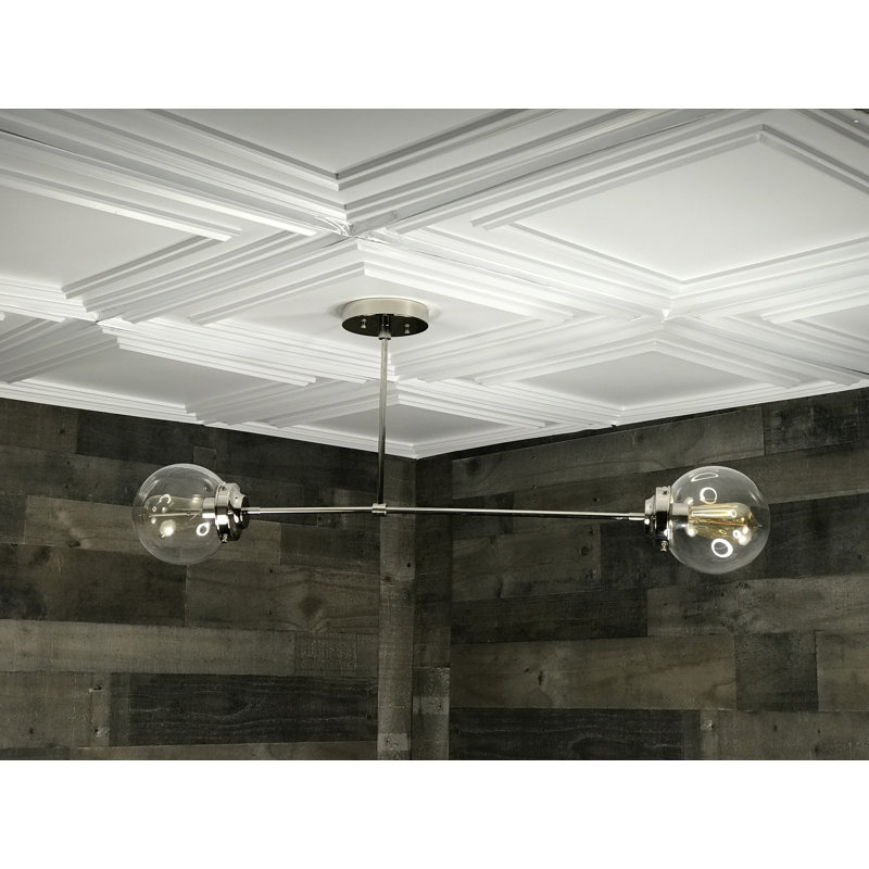 Plafonnier suspendu Mid-Century lustre 2 ampoules Shediac, Nickel poli, Transparent