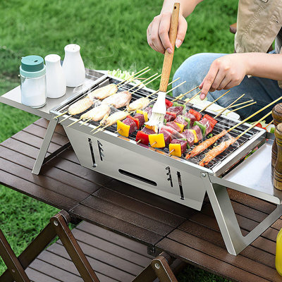 Foldable Portable Charcoal BBQ Grill with Dual Foldable Side Shelves, Stainless Steel Cooking Grate Compact Camping Grill for Backyard Beach Tailgate Cooking