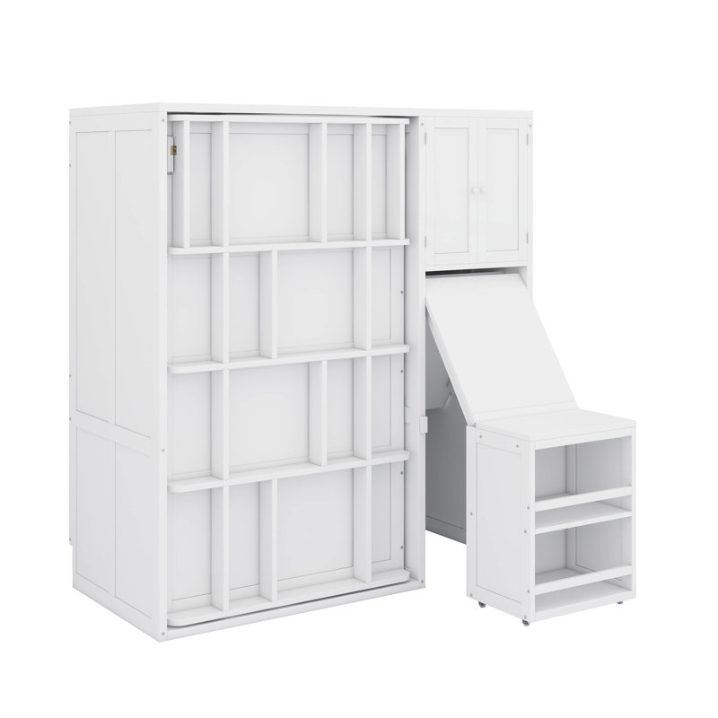 Lit escamotable mural simple avec bibliothèque, armoire supérieure, bureau extensible et rangement latéral, Blanc