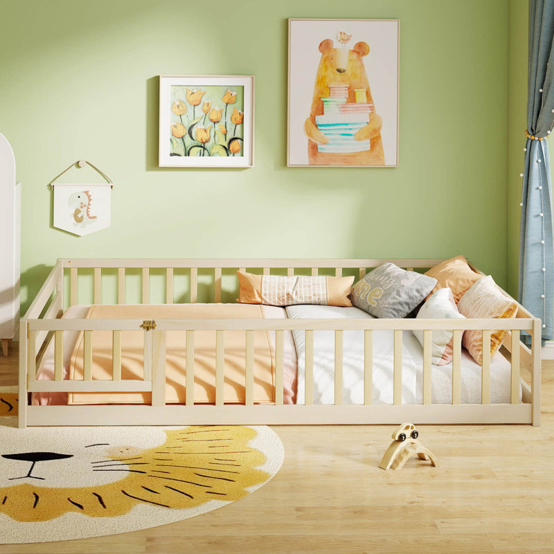 Full Size Floor Bed with Full Length Safety Guardrails & Door for Boys, Girls Natural, Natural