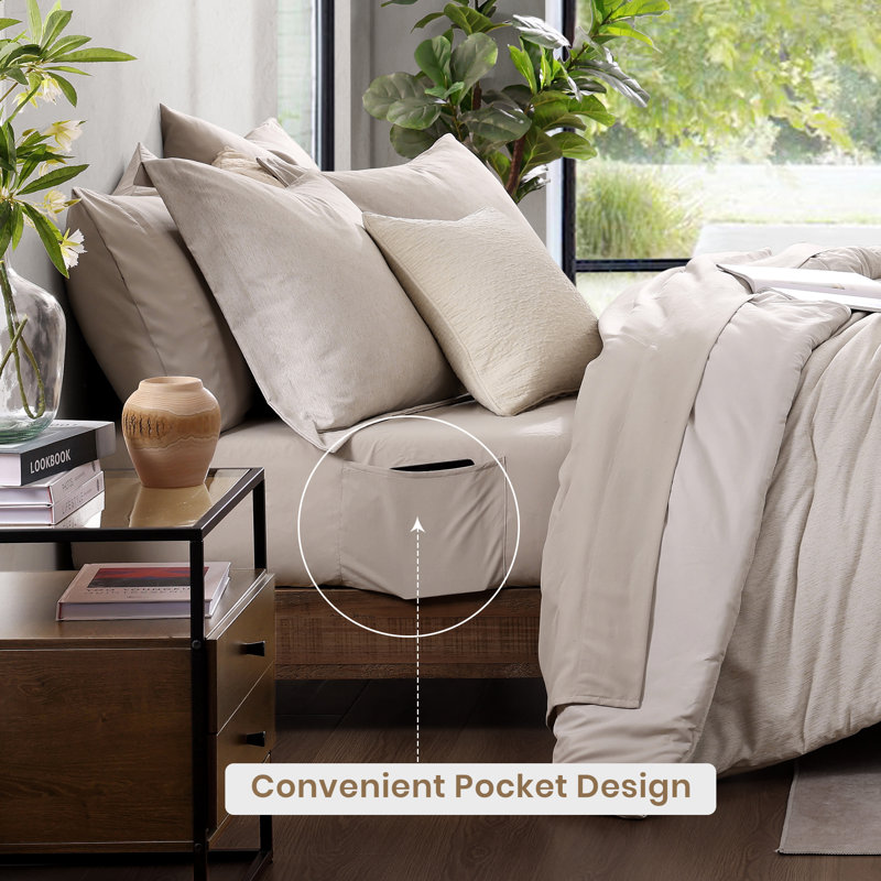 Cationic Comforter Set 7PC, Queen Comforter + 6 Additional Pieces, Beige
