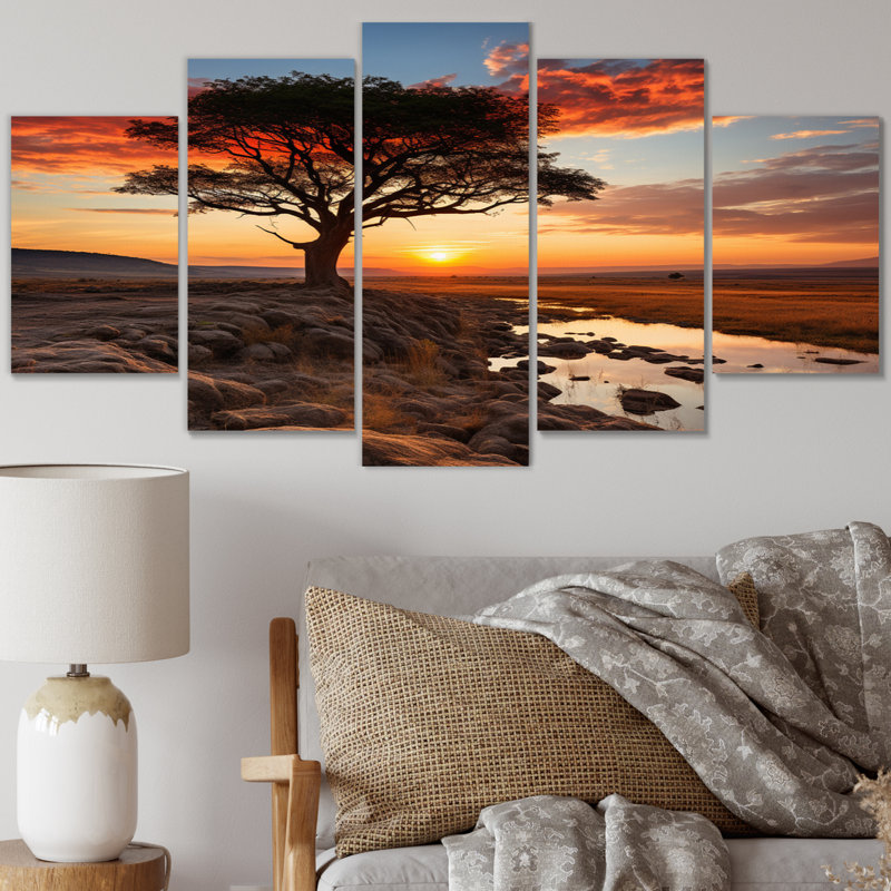 Coucher de soleil jaune, noir, réserve nationale du Masai Mara - Paysages, art mural, salon - 5 panneaux