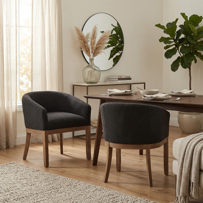 Upholstered Barrel Dining Chair with Arms, 19.32"W Accent Side Armchair for Living Room, Black