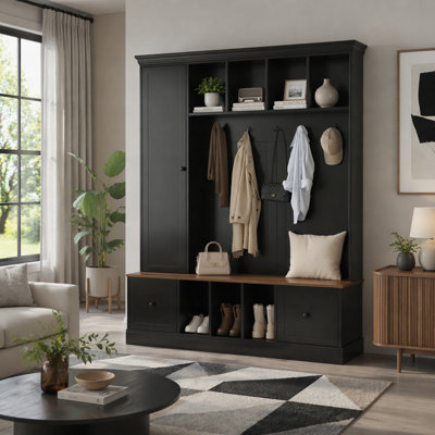 62.2" Farmhouse Hall Tree with Shoe Storage Bench, Entryway Coat Rack with 5 Hooks, Adjustable Shelf Cabinet and Drawers