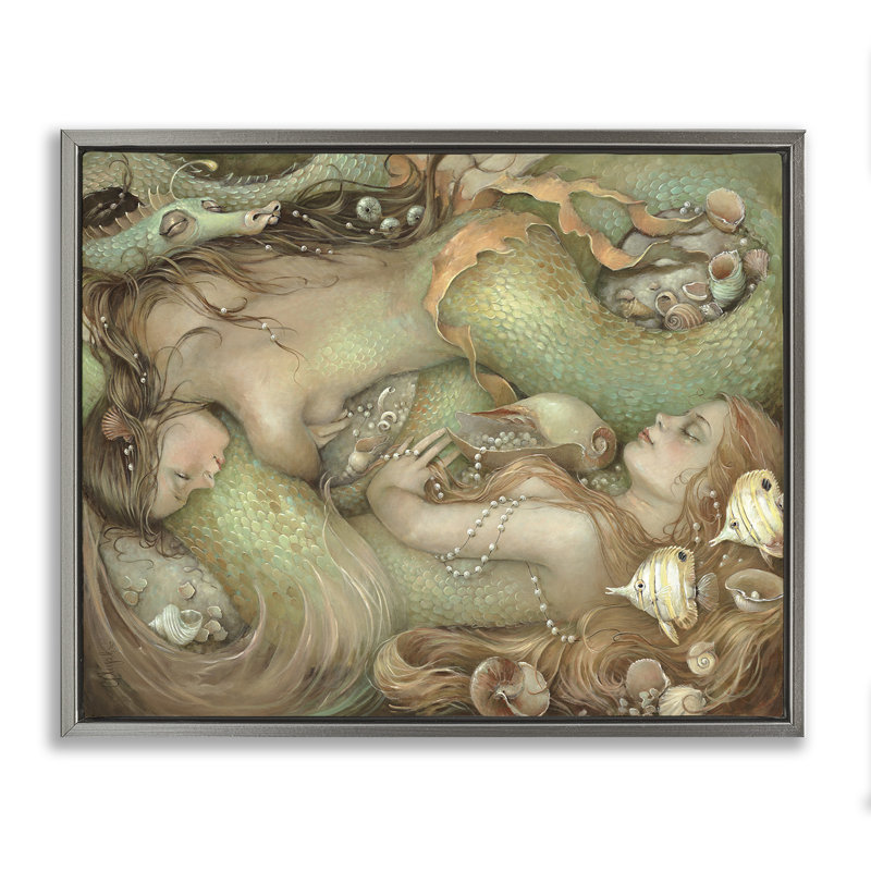 «Two Mermaids Underwater Gray», art mural encadré flottant par Christina P. Wyatt, H 25 po x l 31 po