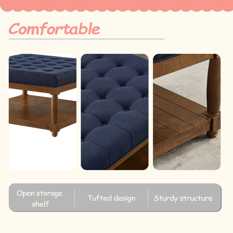 Large Square Upholstered Tufted Linen Ottoman Coffee Table, Large Footrest Ottoman With Solid Wood Shelf,Modern Design, Blue