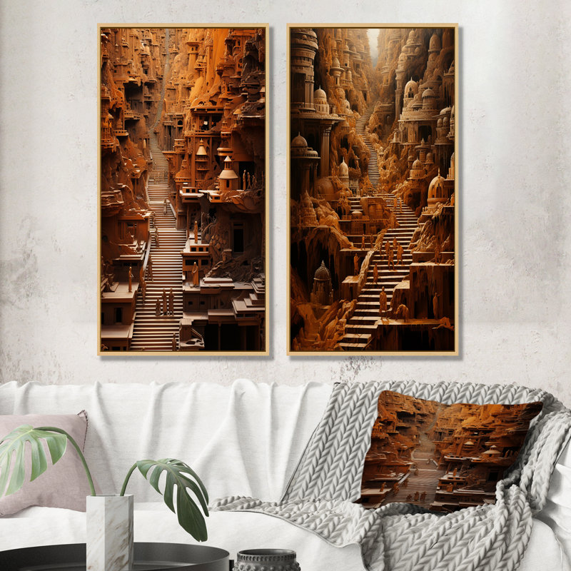 Hindouisme Yatras Sandalwood Steps - Ensemble de 2 décorations murales de l'hindouisme, Encadrement brun, H 40 po x l 41 po