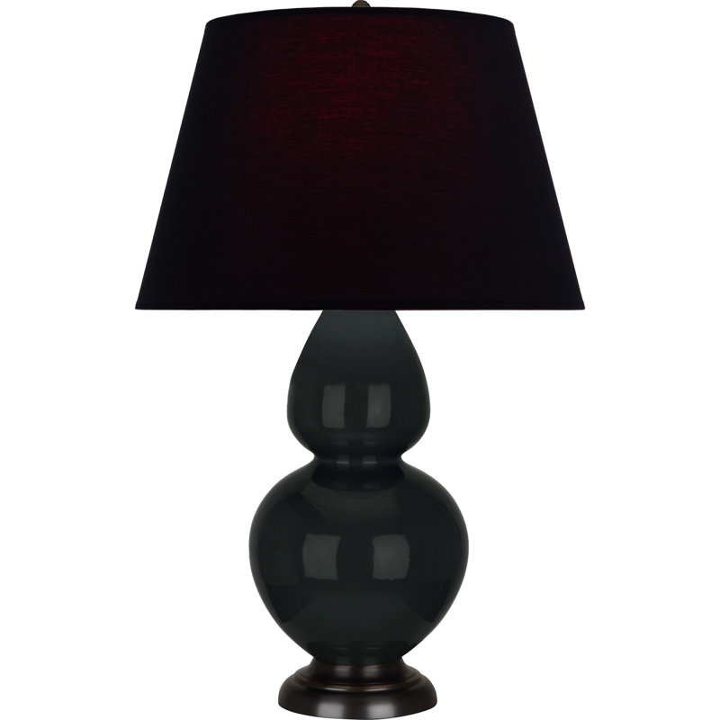 Lampe de table double gourde en céramique, Obsidienne vernie / bronze, Perle, Bronze