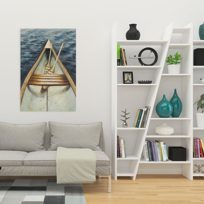 Canot sur le lac - Toile de salle de bain bleue pour la décoration intérieure, H 24 po x l 36 po