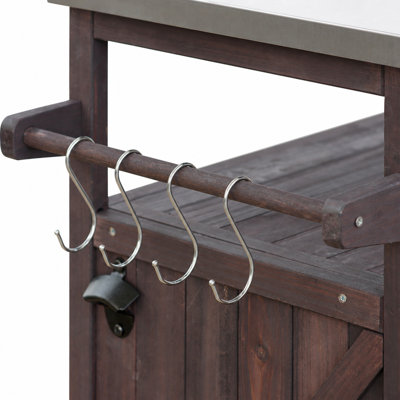 Outdoor Kitchen Island, Rolling Bar Cart & Storage Cabinet, Farmhouse Solid Wood Grill Table with Stainless Steel Top, Spice Rack, Towel Rack