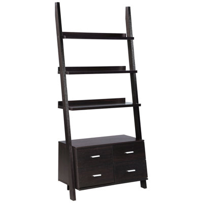Bibliothèque Cappuccino à 5 tablettes avec quatre tiroirs, 72 pouces de hauteur, 33,5 de largeur, 16,5 de profondeur, conception d'économie d'espace de bureau, fabrication à dossier ouvert, option de rangement