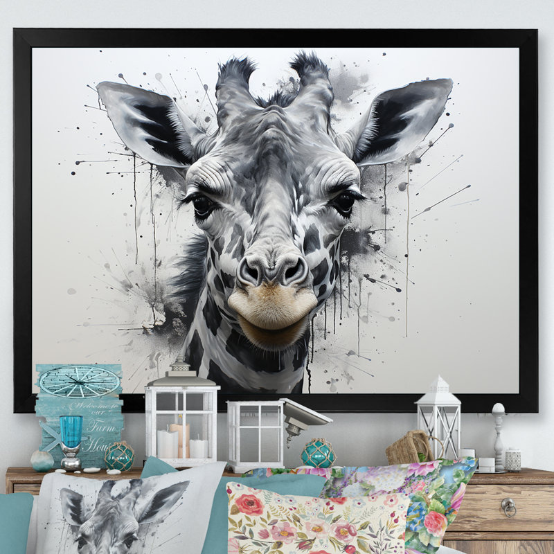 Foulée de girafe minimaliste en noir et blanc, H 24 po x l 32 po x P 1 po, Cadre simple noir