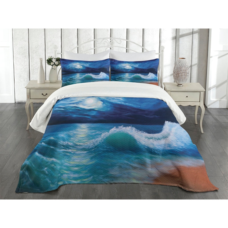 Ambesonne Ocean Bedspread Moonlight over Wavy, King Bedspread + 2 Standard Shams