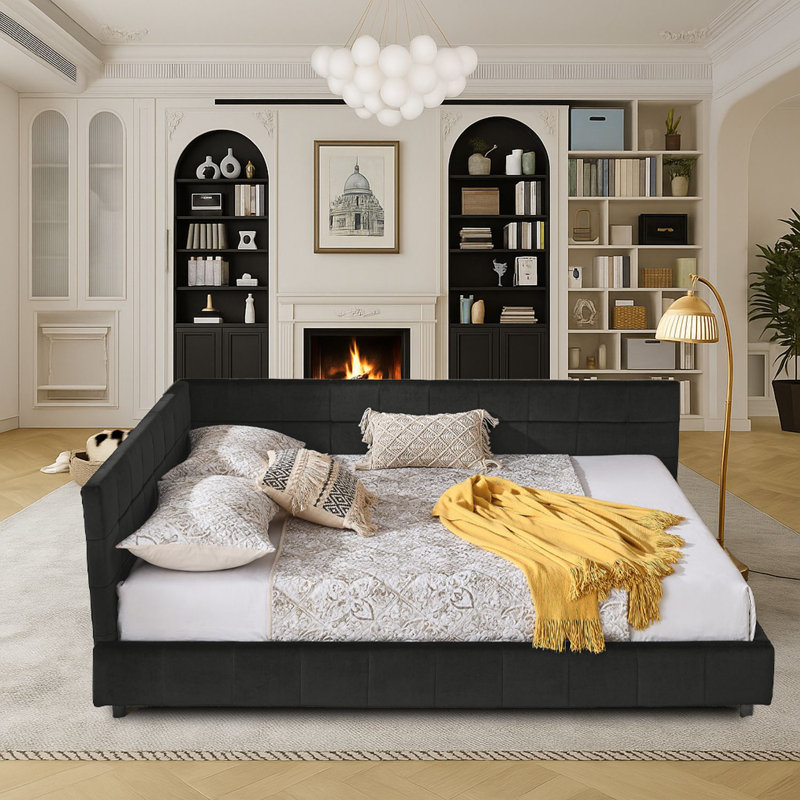 Lit de jour moderne rembourré avec dossier capitonné, taille grand, Noir