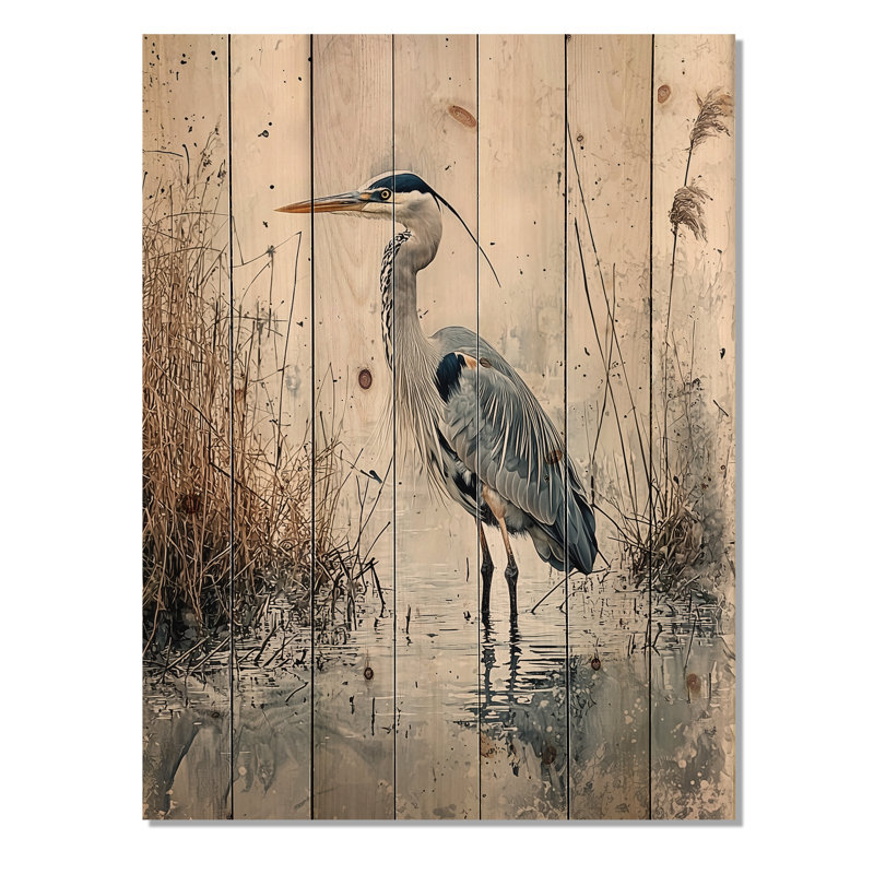 Héron relaxant dans le marais - Décoration murale en bois animal héron - sur bois de pin naturel