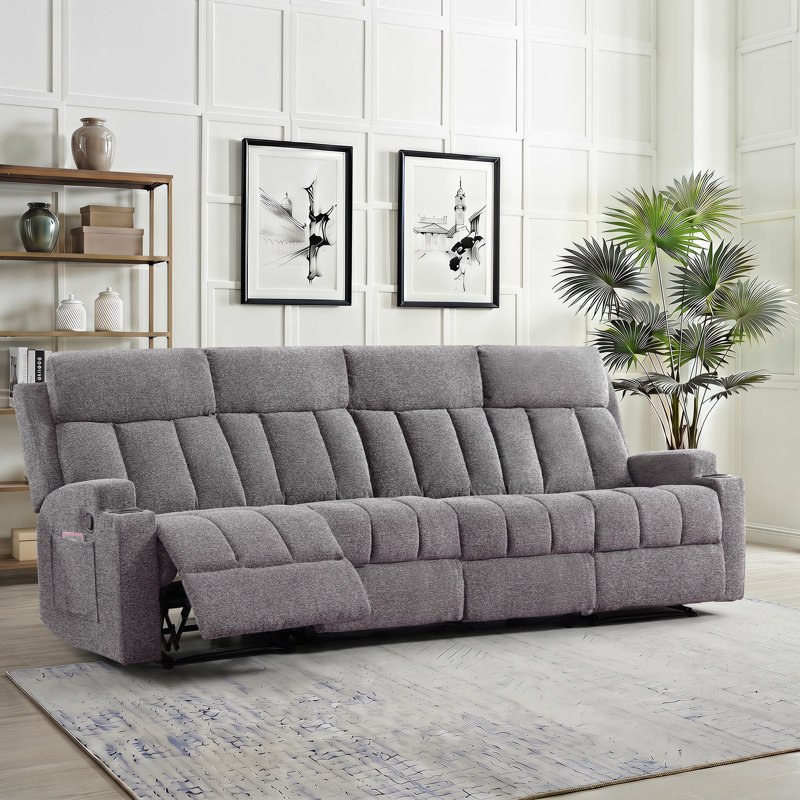 4-Seater Manual Recliner Sofa With Cup Holders & Pocket Storage, Light Gray