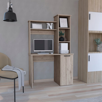 Bureau d'ordinateur avec huche, armoire à une porte, grande surface de travail et tablettes de rangement à 3 niveaux
