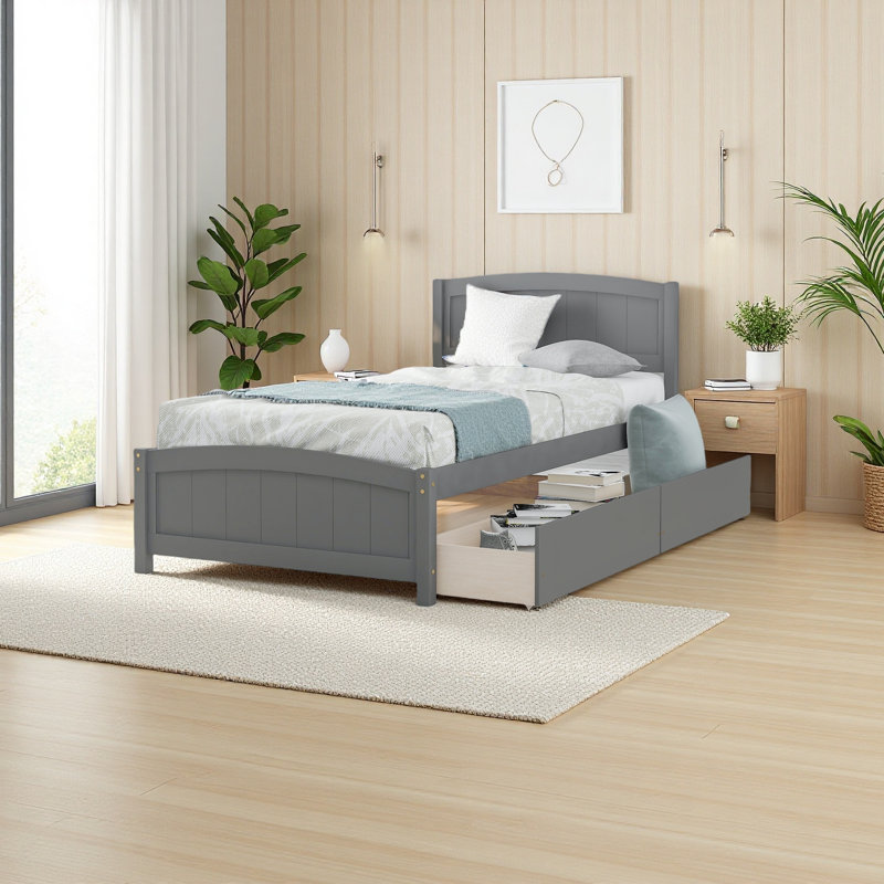 Lit plateforme simple avec deux tiroirs, Gris
