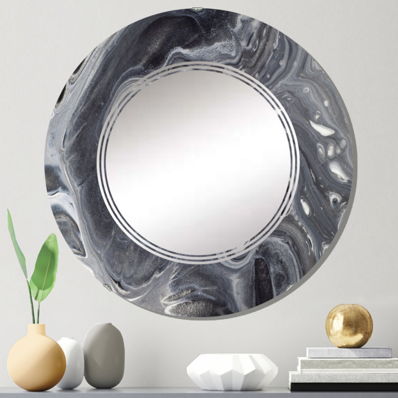 Marbre ondulé dans des tons de gris - Miroir mural moderne rond, 24 po x 24 po