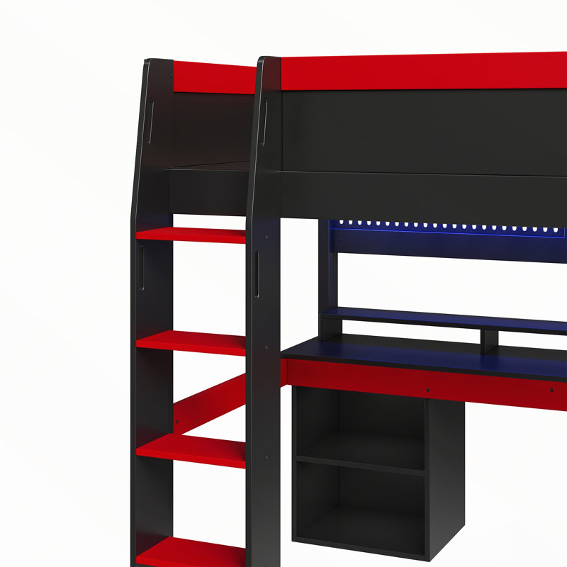 Lit mezzanine avec lumières DEL multicolores, panneau perforé et bureau de jeu intégré, Noir et rouge
