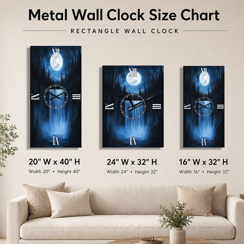 Chutes de la forêt au clair de lune - Horloge murale rustique en métal, H 32 po x l 24 po - Rectangle
