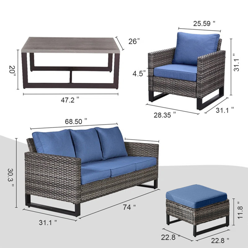 Ensemble de conversation canapé en rotin 6 pièces avec coussins Nazime, Bleu, Gris