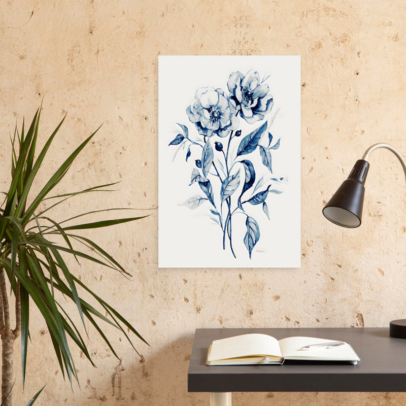 Indigo, roses sauvages I, délicat, pivoine éthérée, nature, art mural, H 24 po x l 16 po