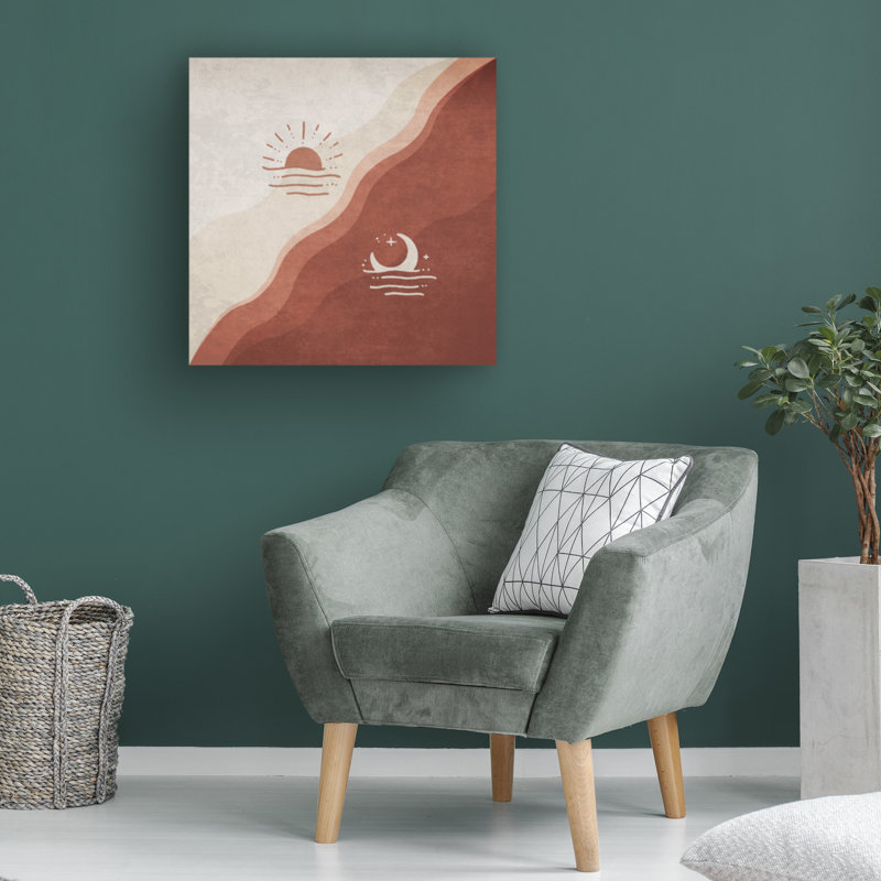 Œuvre sur toile terre-cuite à la bolognaise, lune et soleil, H 14 po x l 14 po