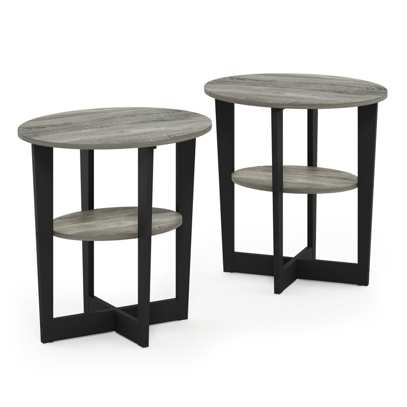 Ensemble de tables de bout ovales à pieds croisés avec rangement, Noir, Gris chêne français
