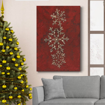 «Snowflakes On Red I», toile tendue avec châssis de qualité supérieure - Prêt à accrocher des flocons de neige sur Red I