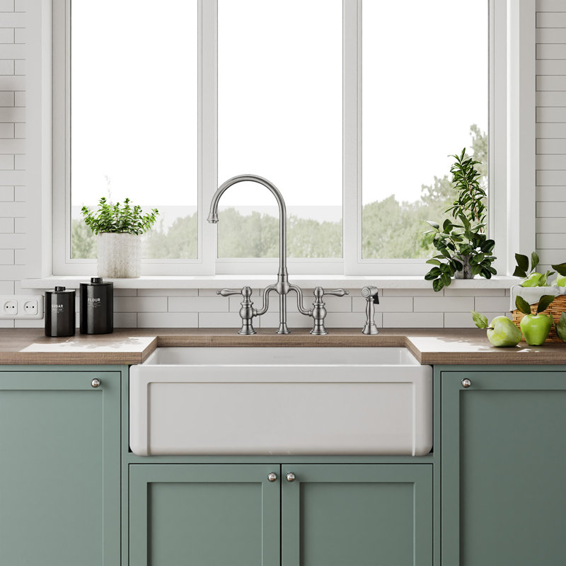Whitehaus Collection Reversible Fireclay Kitchen Sink with Grid: Three Edge Frame, Plain Front Apron, 10" H x 33" L x 18" W