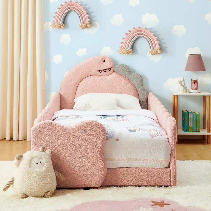 Joli lit d'enfant en forme de dinosaure avec garde-corps et tissu bouclé