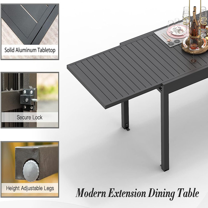 Table de patio extensible en métal et aluminium noir, convenant à des rassemblements de pelouses de 6 à 8 personnes, aluminium rectangulaire, bistro de jardin avec surface, pratique